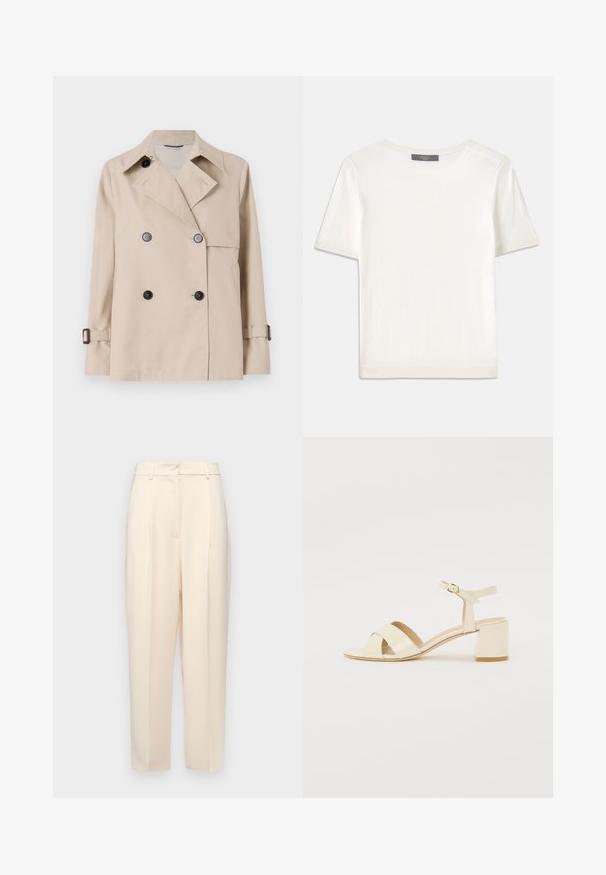 Weekend Max Mara BIGLIA - Välikausitakki - ice; Valkoinen lyhythihainen neulepaita, jossa on pyöreä kaula-aukko. Paidan pinnassa on sileä rakenne ja hihansuissa sekä helmassa hienostuneet ribbineulekoristeet.; Beige housut, jotka on muotoiltu suoraan, edessä on laskoksia, sileä pinta ja keskikorkea vyötärö. Ei näkyviä taskuja.; Beige patento nahkapohjalliset korkokengät ristiin menevällä hihnalla, avonaisella varpaalla, säädettävällä nilkkahihnalla ja lohkarekorolla. Sujuva pinta.