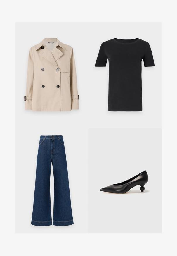 WEEKEND MaxMara BIGLIA - Chaqueta de entretiempo - ice; Camiseta de manga corta negra hecha de algodón suave, con un cuello redondo y un corte clásico. Textura suave, sin patrones ni adornos.; Jeans de mezclilla azul de pierna ancha con una cintura alta, que cuentan con un cierre de botón, pasadores para cinturón y detalles de costura sutil a lo largo de los bolsillos y los dobladillos.; Zapato de tacón alto de cuero negro con puntera afilada y un tacón redondeado y abombado. Textura suave con un diseño elegante y minimalista.