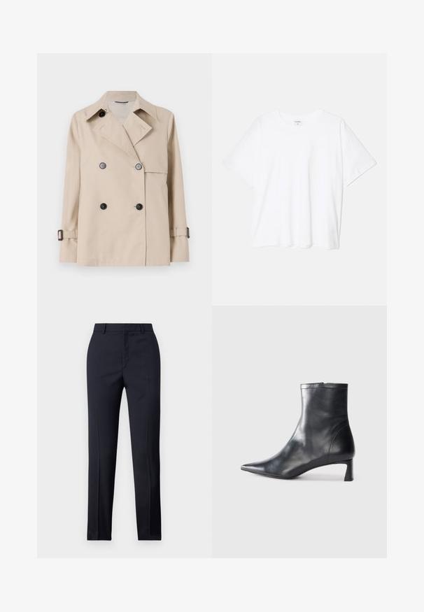 WEEKEND MaxMara BIGLIA - Kerge jope - ice; Valge puuvillane T-särk lühikeste varrukatega, ümmargune kaelus, mugav lõige ja õmmeldud serv. Silt nähtav kaela seest.; Tumed kohandatud püksid sirge lõikega, millel on sile tekstuur, kaks esist taskut ja puhas vöökoht.; Mustad mustall nahkasaabas terava nina ja stiilse disainiga. Omab madalat konts ja luku sulgemist taga. Sile tekstuur.