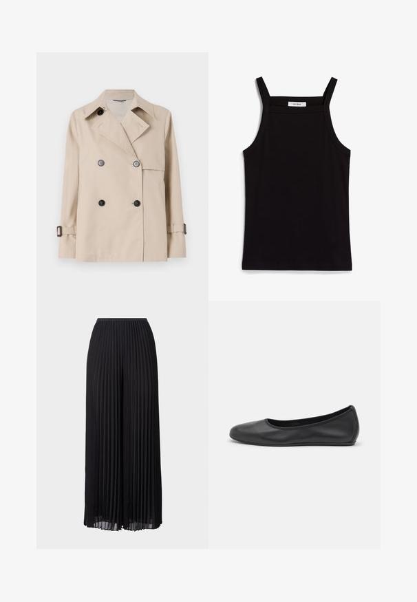 WEEKEND MaxMara BIGLIA - Overgangsjakke - ice; Sort tanktop med tynde spaghetti-stropper, lavet af et ribbet stof, med en lige skæring og et mærke ved halsudskæringen, der står "IVY OAK."; Sorte plisserede bukser med vide ben og elastisk talje. Lavet af letvægtsstof med lodrette folder over hele. ; Sort læderballetsko med rund tå, glat tekstur, minimal syning og et fleksibelt såldesign.