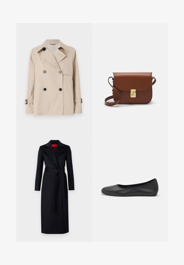 WEEKEND MaxMara BIGLIA - Light jacket - ice; White short-sleeve t-shirt made of ribbed fabric. Round neckline, regular fit, and subtle stitching details. No patterns or graphics.; Black trench coat with long sleeves, wrap design, and matching belt. Made of smooth fabric, features a notched collar and side pockets.; Black leather ballet flat with a rounded toe, smooth texture, minimal stitching detail, and a flexible sole design.; Brown leather handbag with a flap closure, gold-tone hardware, a shoulder strap, and a smooth texture. Compact rectangular shape.