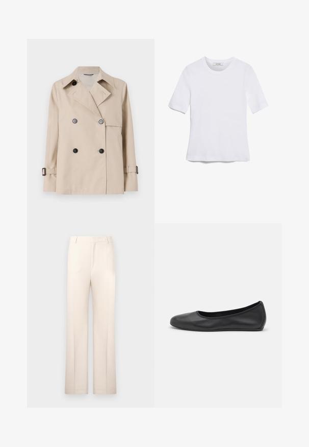 Weekend Max Mara BIGLIA - Light jacket - ice; White short-sleeve t-shirt made of ribbed fabric. Round neckline, regular fit, and subtle stitching details. No patterns or graphics.; Beige tailored trousers with a straight-leg design, made from lightweight fabric. Features front pleats and a classic waistband.; Black leather ballet flat with a rounded toe, smooth texture, minimal stitching detail, and a flexible sole design.