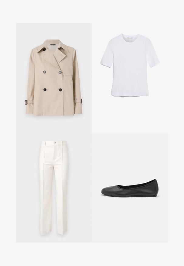 WEEKEND MaxMara BIGLIA - Veste mi-saison - ice; T-shirt blanc à manches courtes en tissu côtelé. Col rond, coupe régulière et détails de couture subtils. Aucune motif ni graphique.; Pantalon droit blanc en mélange de coton, avec une texture lisse, deux plis avant et une taille avec fermeture à bouton unique.; Ballerines en cuir noir avec un bout rond, texture lisse, détails de couture minimalistes et design de semelle flexible.