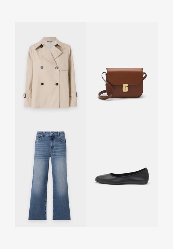 WEEKEND MaxMara BIGLIA - Overgangsjakke - ice; Hvid kortærmet t-shirt lavet af ribbet stof. Rund halsudskæring, almindelig pasform og subtile syninger. Ingen mønstre eller grafik.; Lyseblå denimwide-leg jeans med høj talje, der har forlommer, knaplukning og et falmet mønster på benene.; Sort læderballetsko med rund tå, glat tekstur, minimal syning og et fleksibelt såldesign.; Brun læder håndtaske med flaplukning, hardware i gyldent tone, en skulderrem og en glat overflade. Kompakt rektangulær form.