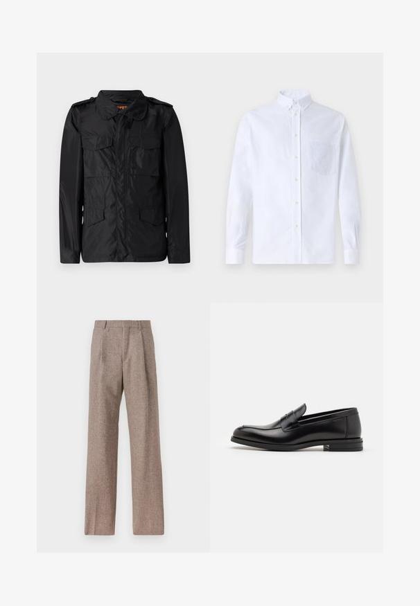 ASPESI MINIFIELD VENTO - Allvädersjacka - black; Vit långärmad skjorta med knappar, tillverkad av bomull, med en bröstficka med ton-i-ton broderi, krage och knappmanchetter.; Bruna, högmidjade byxor i texturerat tyg. Har vida ben och två framvikningar för struktur. Välavslutad utan synlig hårdvara.; Svarta läderloafers med en slät yta, rund tå och ett dekorativt band över främre delen. Låg staplad klack, minimalistisk design.