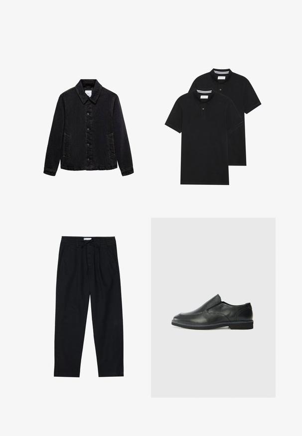 Črna jeans jakna s koničastim ovratnikom, sprednjim zapenjanjem na gumb in dvema stranskima žepoma. Ima kontrastne šive in sproščen kroj.; Dve črne polo majice, kratke rokave, iz bombažnega materiala, z klasik ovratnikom, dvobodno zaponko in belimi črtkami znotraj ovratnika.; Pier One Hlače chino - black; Črne usnjene natikače z gladkim zgornjim delom, prišitimi detajli, zaobljenim nosom in nizkim gumijastim petkom. Podplat ima minimalen profil.