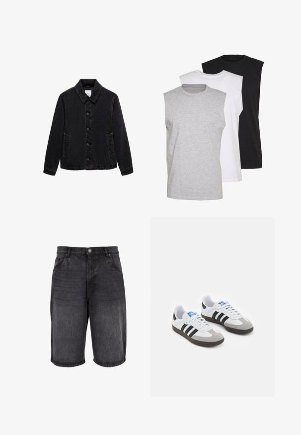 Jachetă din denim negru cu guler ascuțit, închidere cu nasturi în față și două buzunare laterale. Prezintă cusături în contrast și o croială lejeră.; Trei tricouri fără mâneci, în culorile gri, alb și negru. Material moale din bumbac, cu guler rotund și croi lejer. Design simplu, fără modele.; Șorturi negre din denim, cu un croi relaxat, design cu cinci buzunare și închidere cu buton. Materialul are o textură netedă, cu o decolorare subtilă.; Încălțăminte sport cu un superior din piele albă, vârf din suede gri și trei dungi negre. Prezintă un logo albastru pe limbă și o talpă din cauciuc texturat.