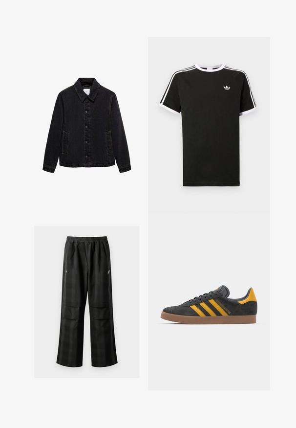Črna jeans jakna s koničastim ovratnikom, sprednjim zapenjanjem na gumb in dvema stranskima žepoma. Ima kontrastne šive in sproščen kroj.; Črna majica s kratkimi rokavi, izdelana iz bombaža, s belimi detajli. Ima raglan kroj in majhen logo na prsih. Tri bele črte na ramenih.; Črne karirane hlače z elastičnim pasom, dvema sprednjima žepoma in ohlapnim krojem s pravimi nogavicami. Narejene so iz lahke tkanine.; Črne semiš tene z rumenimi akcenti, ki vsebujejo tri trakove in rjavo gumo podplat. Vključujejo oblazinjeno jezik za udobje.