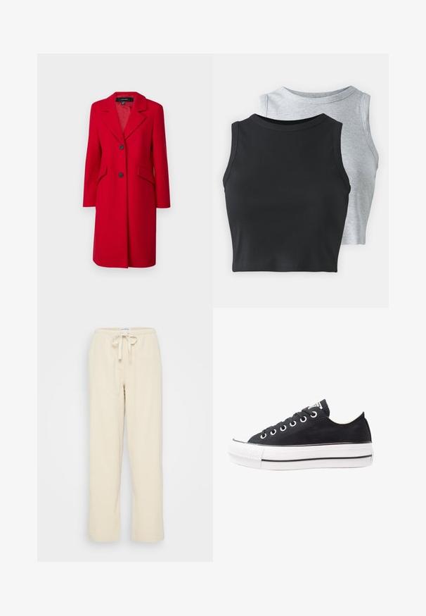 Vero Moda Petite VMFORTUNESARA - Klassisk kåpe / frakk - salsa; Even&Odd Petite 2 PACK - Topper - light grey/black; Even&Odd Petite Bukse - beige; Svart canvas sneakers med hvit gummisåle, rund tå, lavt design, metalløye og teksturert tåhette. Tynn svart stripe langs sålen.