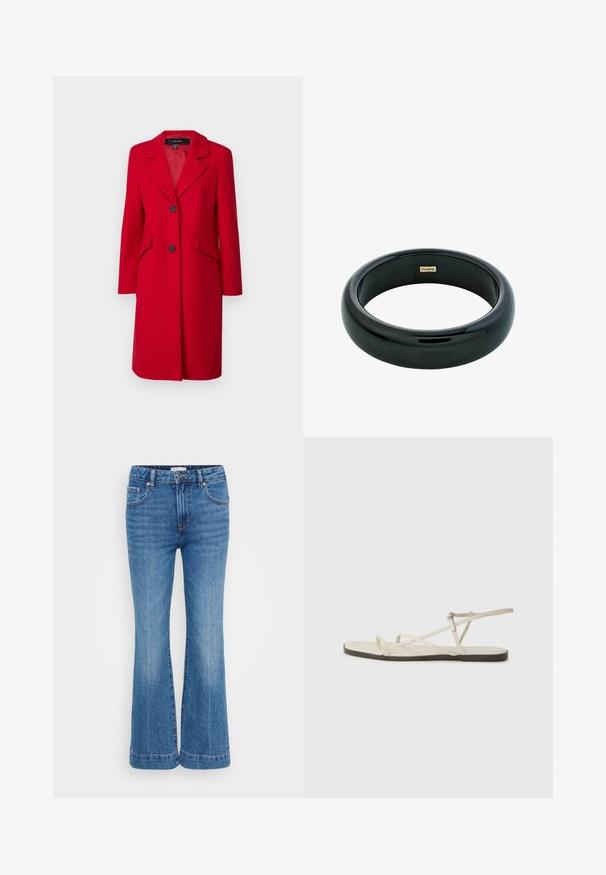 Vero Moda Petite VMFORTUNESARA - Klasični plašč - salsa; Črna bombažna majica, kratki rokavi, krojeni ovratnik, sproščenega kroja, gladka tekstura, preprost dizajn, brez vzorcev ali dodatkov.; Modri kavbojki s širokimi hlačnicami in visokim pasom, z rahlimi madeži na sprednji strani, petimi žepi ter kontrastnim šivanjem ob šivih.; Beige ravne sandale z več tankimi trakovi in nastavljivim zaponcem. Podplat je raven z rahlo temnim kontrastom na robu.; Črn smolnati zapestnica z gladko, sijočo površino in zaobljenimi robovi. Ima majhen zlat "Pilgrim" logotip na notranji strani.