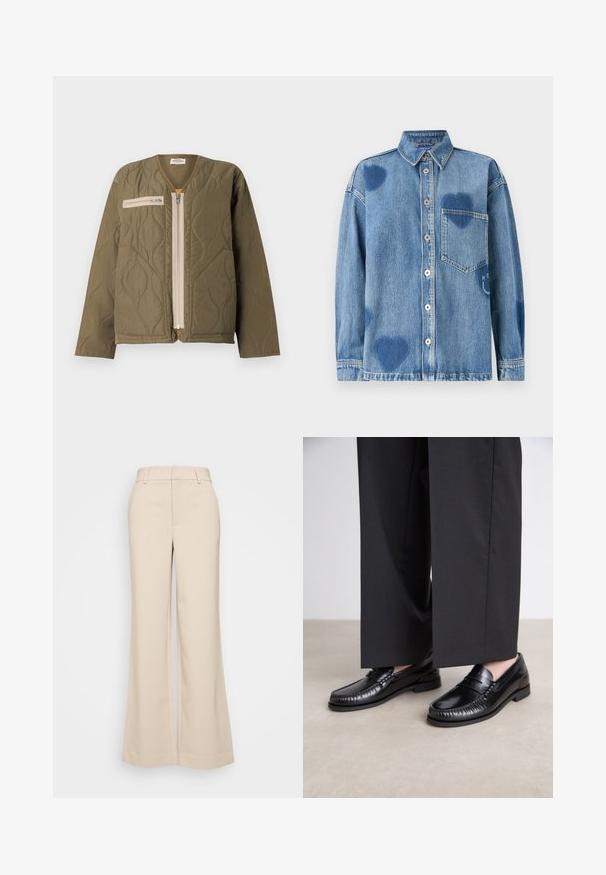 Mads Nørgaard ALICE JACKET - Overgangsjakke - kalamata; Denimskjorte i lys blå med hjerteformede detaljer, spidse kraver, frontlomme og knaplukning. Blødt, struktureret stof.; Beige vidde bukser med en glat overflade, der har en høj talje og to forlommer. Renset design med en skræddersyet pasform.; Sorte læder loafers med en glat finish, syet detaljering omkring tæerne og en lav gummisål. Sammen med brede sorte bukser.