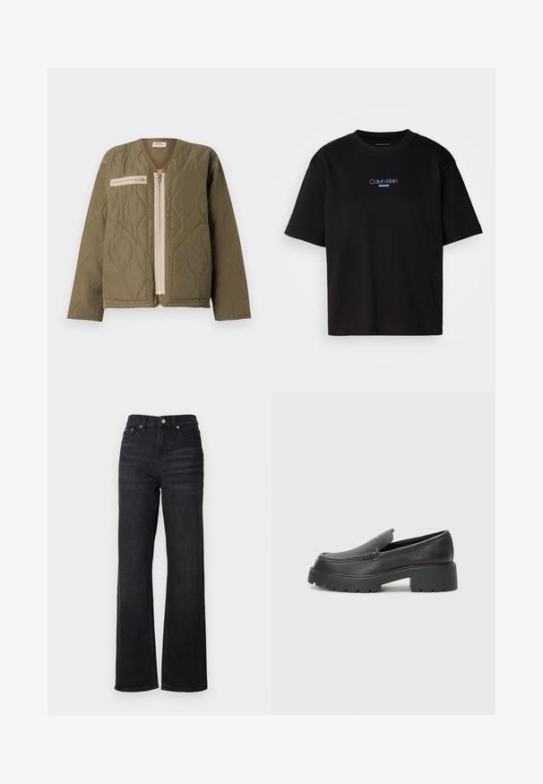 Mads Nørgaard ALICE JACKET - Übergangsjacke - kalamata; Schwarzes Baumwoll-T-Shirt mit Rundhalsausschnitt, kurzen Ärmeln und blau gesticktem "Calvin Klein JEANS"-Logo auf der Vorderseite.; Schwarze Denim-Jeans im weit geschnittenen Stil mit hoher Taille, Fünf-Taschen-Design und silbernem Metallknopf. Der Stoff hat eine glatte Textur und bietet einen leichten Stretch.; Schwarze Lederloafer mit einer abgerundeten Spitze, dicker strukturierten Laufsohle und minimalen Nähten. Schlankes Design ohne sichtbare Schnürsenkel oder Beschläge.