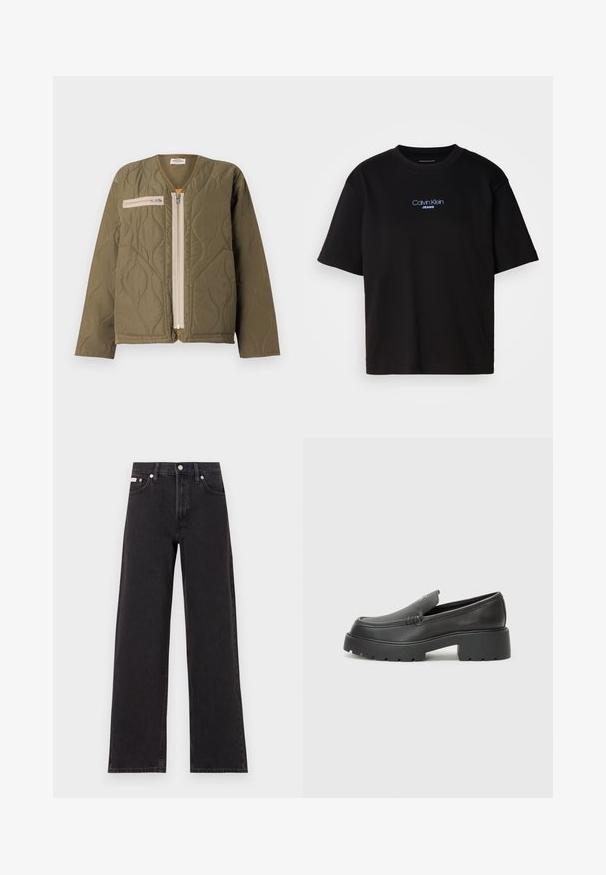 Mads Nørgaard ALICE JACKET - Lengva striukė - kalamata; Juodas medvilnės marškinėliai su apykakle, trumpomis rankovėmis ir mėlynai siuvinėtu "Calvin Klein JEANS" logotipu priekyje.; Juodos plačios kojų džinsai, pagaminti iš džinsinio audinio, su aukštu liemeniu, penkių kišenių stiliumi ir metaline sagte su kontrastingo siuvimo detalėmis.; Juodi odiniai loaferiai su apvaliu pirštu, storu tekstūruotu padu ir minimaliu siūlių dekoru. Išskirtinis dizainas be matomų raištelių ar furnitūros.