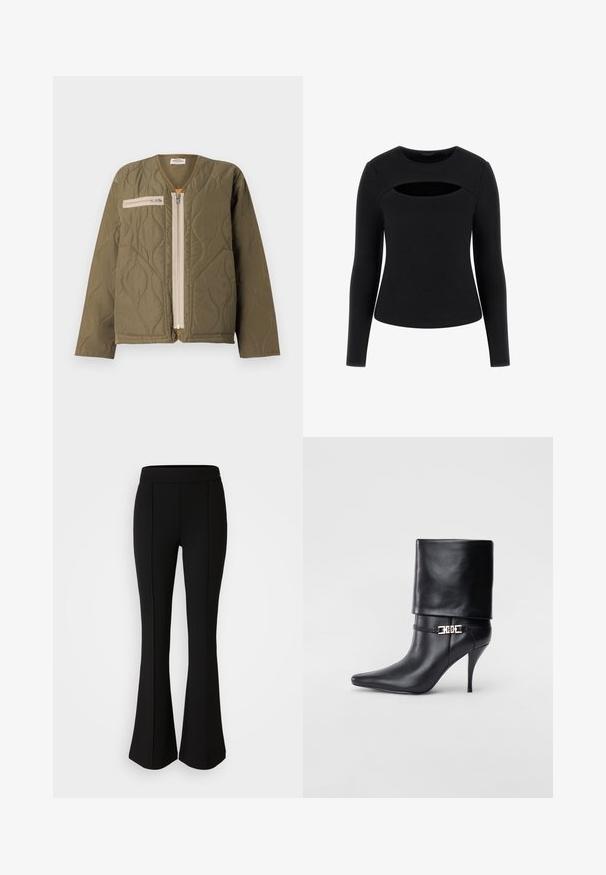 Mads Nørgaard ALICE JACKET - Übergangsjacke - kalamata; Schwarzes Langarmshirt mit gerippter Textur und einzigartigem Cut-Out-Detail an der Brust, mit Rundhals und taillierter Silhouette.; Schwarze, ausgestellte Hose aus einem dehnbaren Material mit glatter Textur, ausgestattet mit Nahtdetails an der Vorderseite für ein zusätzliches Designelement.; Schwarze Leder-Ankle-Boots mit spitzer Zehenpartie, hohen Stiletto-Absätzen, umgeschlagenem Schaft und einem goldenen dekorativen Schnallen-Detail an der Knöchel.