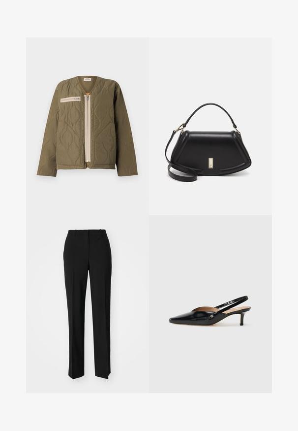 Mads Nørgaard ALICE JACKET - Jas - kalamata; Witte gecropte T-shirt, korte brede mouwen, zachte katoenmaterialen, ronde halslijn met subtiele oranje rand, minimalistisch ontwerp, geen patronen of graphics.; Zwarte op maat gemaakte broek met een recht model, voorzien van een soepele textuur en scherpe plooien aan de voorkant. Geen zichtbare hardware.; Zwarte lakleren slingback pump met een puntige neus, kleine hak en een uitsnijd ontwerp op de wreef. Goudkleurige accenten aan de zijkant.; Zwarte leren handtas met een gestructureerd ontwerp, featuring een verkorte vorm, bovenhandvat en gouden hardwareaccent. Inclusief verstelbare schouderband.