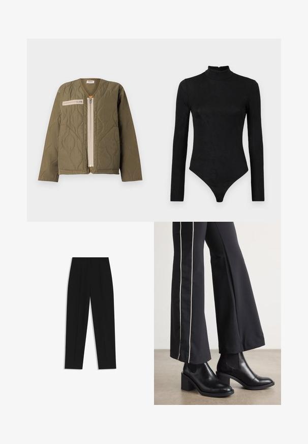 Mads Nørgaard ALICE JACKET - Light jacket - kalamata; Black long-sleeve bodysuit with a high neck and subtle texture. Features a back zipper and a thong bottom design.; Black trousers with a straight fit, featuring double pleats, a smooth texture, and a classic waistband design. No visible hardware or accents.; Black leather ankle boots with a block heel, featuring elastic side panels. Paired with black pants that have a white side stripe.