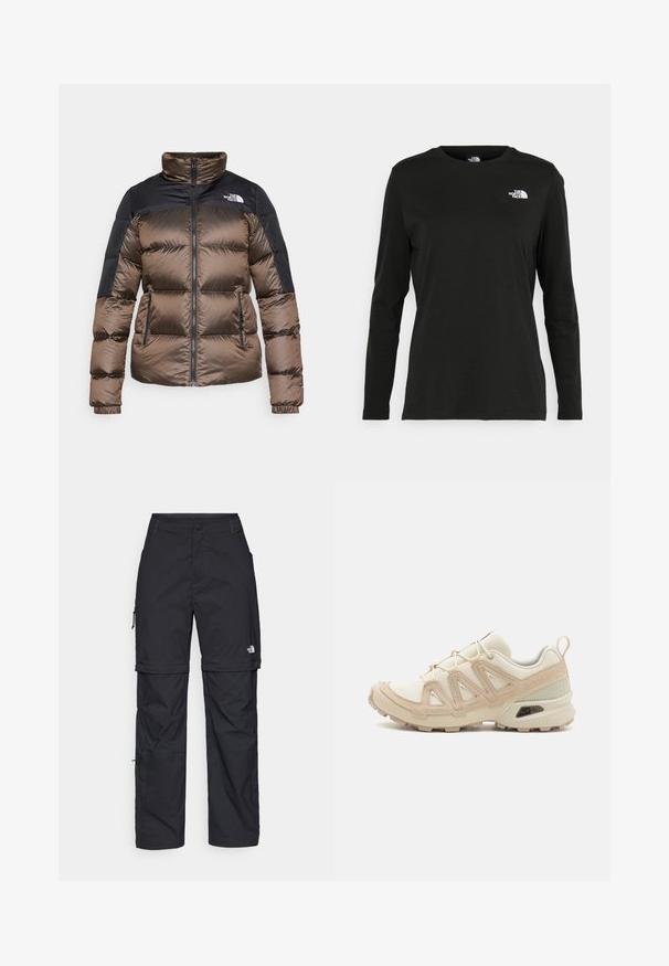 Brązowa i czarna kurtka puchowa z wysokim kołnierzem, zapięciem na zamek i bocznymi kieszeniami. Materiał ma gładką teksturę z pikowanym wzorem.; Czarna koszulka z długim rękawem z bawełny z okrągłym dekoltem. Posiada niewielkie białe logo po lewej stronie na piersi. Prosty design i fason.; Czarne nylonowe spodnie cargo z odpinanymi nogawkami, regulowanymi mankietami, wieloma kieszeniami oraz logo na prawej nogawce. Gładka, lekka tekstura.; Beżowe i kremowe buty sportowe z teksturowanej siateczki, wspierającymi nakładkami oraz gumową podeszwą z wzorem bieżnika zapewniającym przyczepność.