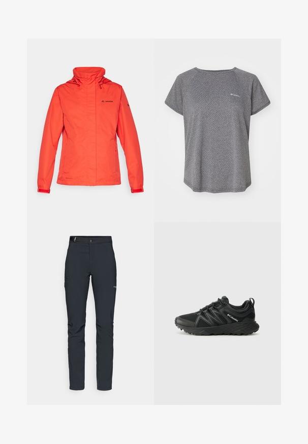 Red waterproof jacket with a hood, long sleeves, and adjustable cuffs. Features a zipper and the Vaude logo on the chest and sleeve.; Gray short-sleeve shirt featuring a subtle textured pattern, round neckline, and Columbia logo on the chest. Soft fabric, relaxed fit.; Men's outdoor pants, dark gray, made from flexible material, featuring a belt, zippered pockets, and reinforced stitching.; Columbia PEAKFREAK - Hiking shoes - black