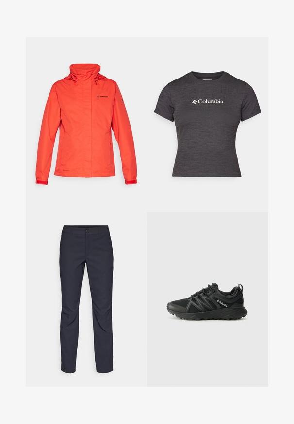 Rød vanntett jakke med hette, lange ermer og justerbare mansjetter. Har en glidelås og Vaude-logo på brystet og ermet.; Mørk grå kortermet t-skjorte laget av teksturert stoff med rund hals, med en hvit Columbia-logo over brystet.; Marineblå bukser laget av glatt stoff, med frontknappelukking, slim-fit design og pressede detaljer ved knærne.; Columbia PEAKFREAK - Fjellsko - black