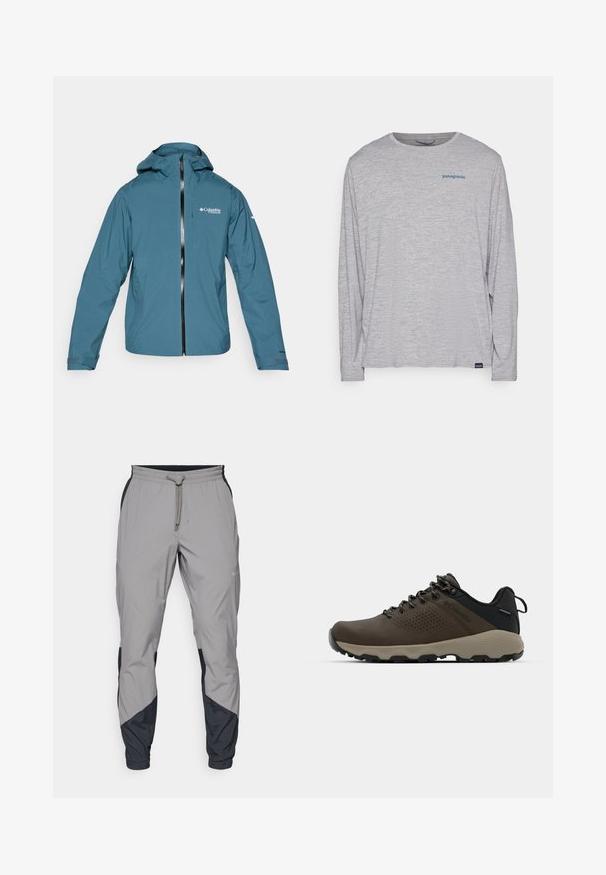 Leichte, wasserdichte blaue Jacke mit Kapuze, Frontreißverschluss und verstellbaren Manschetten. Mit Logo auf der Brust und Seitentaschen.; Hellgraues Langarm-T-Shirt aus weichem, strukturiertem Stoff. Verfügt über einen Rundhalsausschnitt und ein kleines blaues Patagonia-Logo auf der Brust.; Leichte, graue Sporthosen mit schwarzen Akzenten. Elastischer Bund, Kordelzugverschluss, taillierte Beinform und Seitentaschen.; Braune wasserdichte Sneakers mit einer strukturierten Oberseite, perforierten Akzenten, schwarzem Fersenschutz und einer grauen Gummisohle. Die Schnürsenkel sind mit metallischen Enden gestaltet.