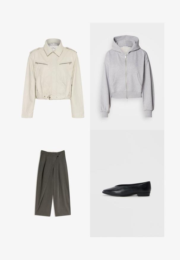 Skraćena svijetlosmeđa kožna jakna s ovratnikom, dva zatvorena džepa na prsima i pojasom u struku. Karakterizira je glatka tekstura i minimalna oprema.; Skraćena siva dukserica od mekog materijala, s prednjim zatvaračem, velikom kapuljačom i dva prednja džepa sa elastikom na rukavima.; Bijela bluzica s ovratnikom, napravljena od glatke tkanine, s kratkim rukavima i skupljenim detaljima u struku za opušteni fit.; Hlače širokih nogavica od tamnosivog platna. Imaju ravni prednji dio, bočne džepove i zatvaranje na jedan gumb. Glatka tekstura, kroj prilagođen tijelu.; Crne kožne ravne cipele s šiljastim vrhom, lagano podignutom petom i glatkom površinom. Jednostavan dizajn bez vidljivih tvrdih dijelova ili uzoraka.