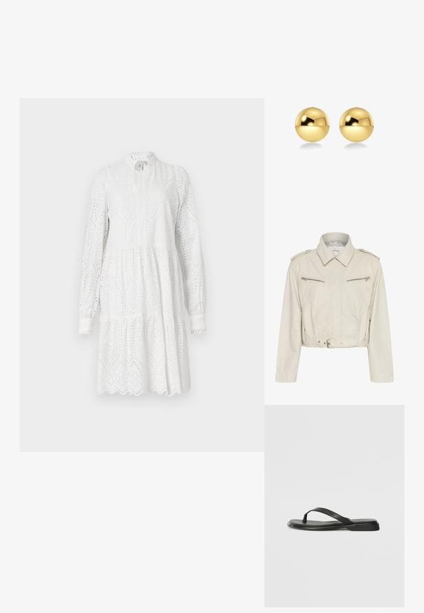 Ausschnitt hellbeige Lederjacke mit Kragen, zwei Reißverschlusstaschen auf der Brust und tailliertem Gürtel. Verfügt über eine glatte Textur und minimalistische Hardware.; Weißes langärmeliges Kleid mit Stanzmuster, hohem Ausschnitt und gestuftem Rock. Mit gewelltem Saum und leicht gerafftem Bund.; Schwarze Flip-Flops aus glattem Leder, mit einem dünnen Riemendesign und einer flachen Sohle mit minimalem Profil. Keine bemerkenswerten Muster oder Akzente.; Goldfarbene, kugelförmige Ohrringe mit einer glänzenden, reflektierenden Oberfläche. Das Design ist schlicht und glatt, was einen modernen, minimalistischen Look erzeugt.