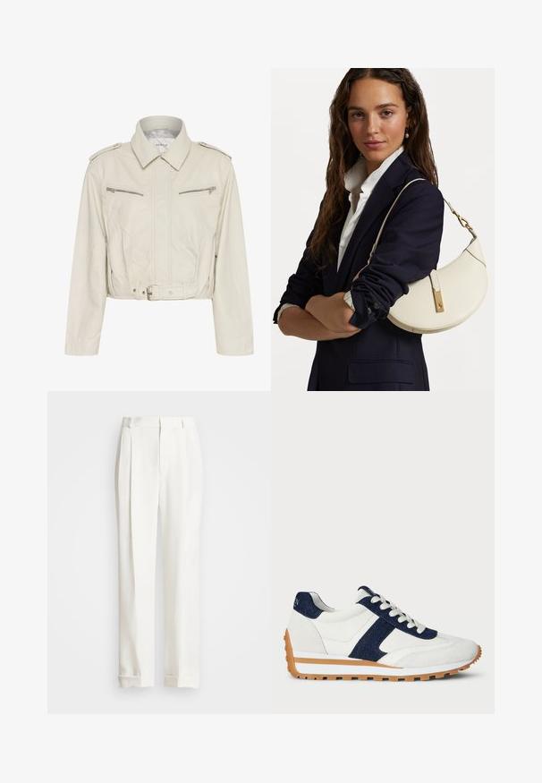 Veste en cuir beige clair, courte, avec un col, deux poches poitrine zippées et une taille ceinturée. Dispose d'une texture lisse et d'une quincaillerie minimale.; Pull blanc en maille torsadée avec demi-fermeture éclair, col, poignets et ourlet côtelés, arborant un petit logo sombre brodé sur la poitrine gauche.; Pantalons blancs ajustés avec deux plis avant, coupe droite et ourlets repliés. Fabriqués en tissu lisse, présentant un design classique.; Baskets blanches avec des accents en denim et en daim bleu marine. Dotées d'un upper texturé, d'un col rembourré, d'un laçage à l'avant et d'une semelle en caoutchouc contrastante.; Sac en cuir blanc à la forme arrondie, avec des accessoires en or et une finition texturée, porté sur un blazer sombre et une chemise blanche.