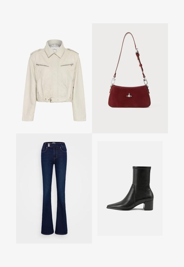 Lyhennetty vaaleanbeige nahkatakki, jossa on kaulustakki, kaksi vetoketjullista rintataskua ja vyöllinen vyötärö. Ominaisuuksiin kuuluu sileä pinta ja minimaalinen varustelu.; Harmaa pitkähihaisessa paidassa on pystysuorat valkoiset raidat, kauluskohdistus ja vetoketjukiinnitys. Paidassa on muotoiltu malli ja kaareva helma.; Tummansinisiä leveälahkeisia farkkuja, joissa on korkea vyötärö, kaksi etutaskua ja kaksi napinläpeä. Valmistettu sileästä denimsistä.; Mustat nilkkurit, jotka on valmistettu sileästä nahasta, kärjessä on terävä muoto, paksu korko ja selkeästi kohoavat ompeleet yläreunassa.; Punainen mokkakankainen olkalaukku, jolla on kaareva muoto. Varustettu hopeanvärisellä yksityiskohdalla ja säädettävällä hihnalla, jossa on metalliyksityiskohtia. Pinta on sileä.