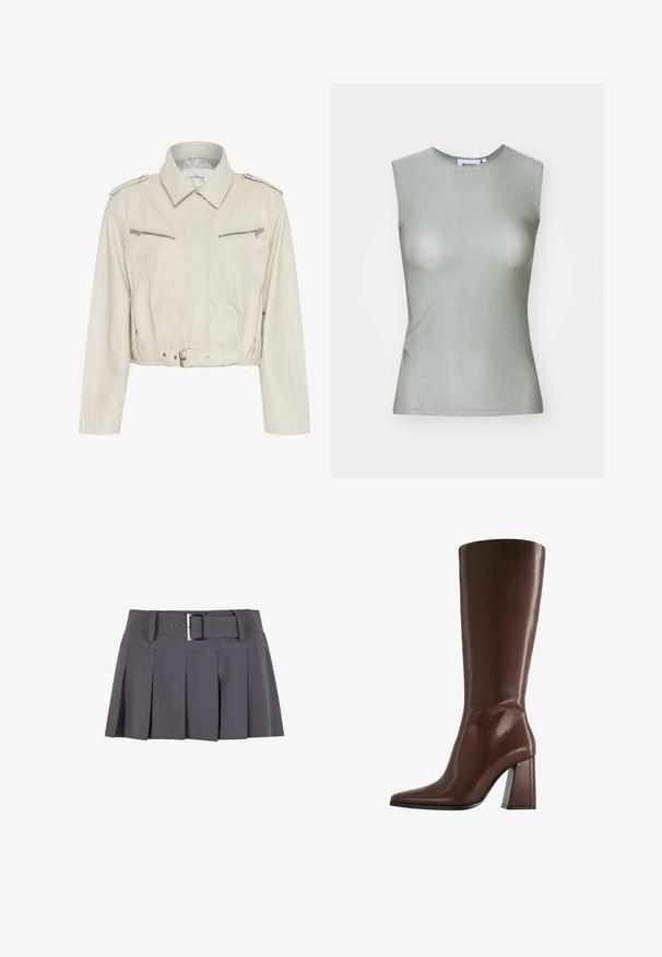 Ausschnitt hellbeige Lederjacke mit Kragen, zwei Reißverschlusstaschen auf der Brust und tailliertem Gürtel. Verfügt über eine glatte Textur und minimalistische Hardware.; Ärmelloses, hellgrünes Oberteil aus glattem Stoff, mit hohem Kragen und taillierter Silhouette. Keine sichtbaren Beschläge oder Muster.; Grauer plissierter Minirock mit glatter Textur, ausgestattet mit einem breiten Bund, Gürtelschlaufen und einem rechteckigen Detail in Silber mit Schnalle.; Brauner kniehoher Lederstiefel mit spitzer Zehe und klobigem mittelhohem Absatz, Seitenansicht vor weißem Hintergrund.