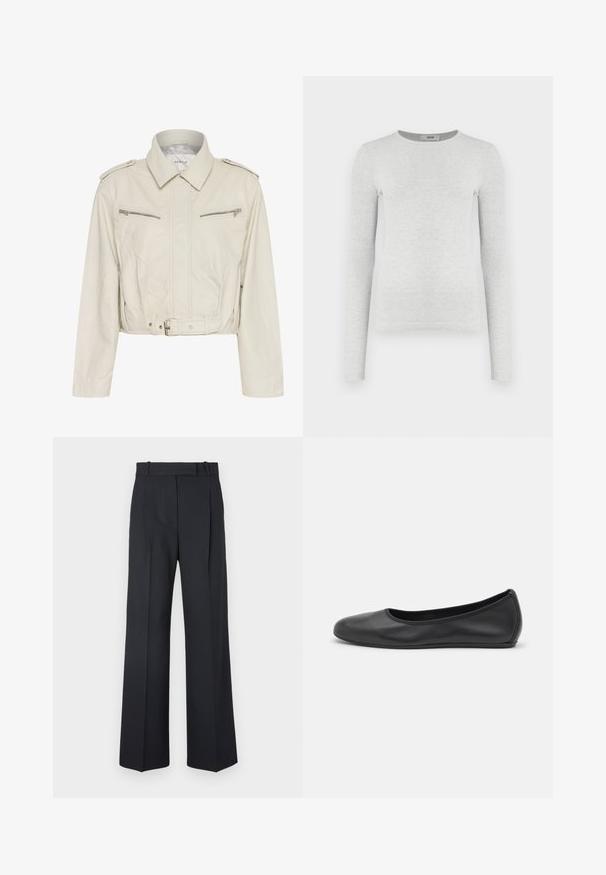 Cropped light beige leather jacket with a collared neck, two zippered chest pockets, and a belted waist. Features smooth texture and minimal hardware.; Long-sleeve gray ribbed knit top, round neckline, fitted silhouette, smooth texture, with no visible logos or embellishments.; Dark blue pinstriped trousers with a high waist, wide leg design, and no visible hardware or embellishments. Smooth texture and tailored fit.; Black leather ballet flat with a rounded toe, smooth texture, minimal stitching detail, and a flexible sole design.
