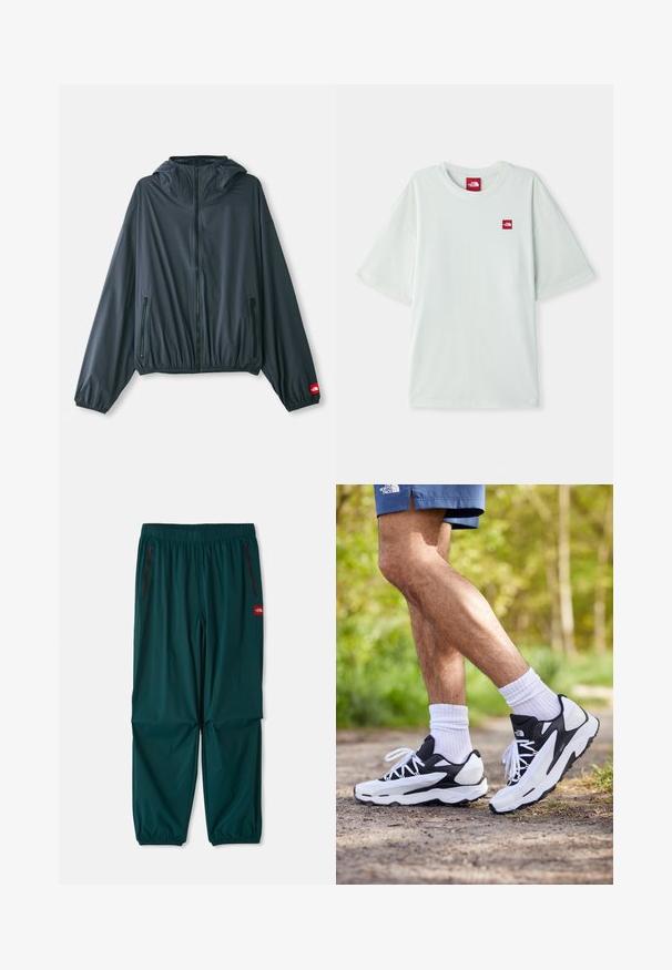 Casaco leve com capuz em tecido cinza escuro. Apresenta frente com fecho éclair, bainha elástica e dois bolsos laterais com fecho éclair. Acento do logótipo vermelho na manga.; T-shirt de manga curta verde claro, feito de algodão macio, com uma pequena etiqueta de logo vermelha na área do peito esquerdo. Corte descontraído e gola redonda.; Calças exteriores em verde-escuro, com cintura elástica, dois bolsos laterais com fecho e punhos elásticos nos tornozelos. Material leve.; Ténis atléticos em preto e branco com parte superior em malha, detalhes texturizados e atacadores brancos. Usados com meias brancas até ao tornozelo e calções azul-marinho numa trilha.