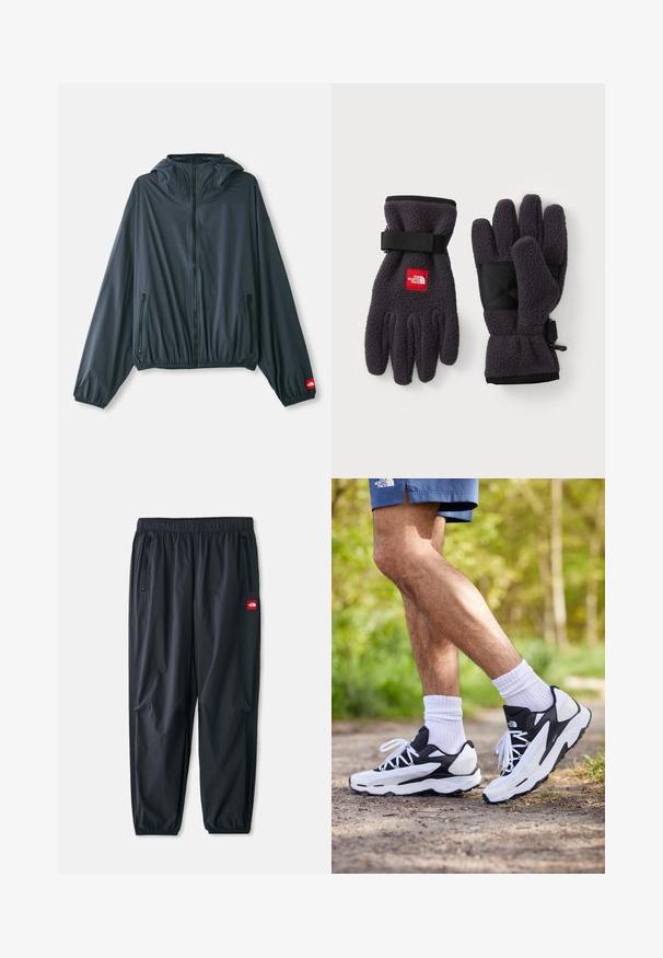 Könnyű, kapucnis dzseki sötétszürke anyagból. Cipzáros elülső rész, elasztikus alsó rész és két cipzáros oldalzseb jellemzi. Piros logó akcentus az ujjon.; Világoszöld, rövid ujjú póló, puha pamutból készült, bal mellkasán egy kis piros logó címkével. Laza szabású és kerek nyakkivágású.; Fekete, könnyű szintetikus anyagból készült nadrág, elasztikus derékkal, cipzáras oldalsó zsebekkel és egy kis piros logóval.; Fekete-fehér sportcipők, hálós felső résszel, texturált részletekkel és fehér fűzőkkel. Fehér bokazoknival és tengerészkék sorttal viselve egy ösvényen.; Sötét szürke polár kesztyű, textúrázott felülettel. Állítható pántokkal és fekete erősített tenyérrel rendelkezik. A márka logója piros színben látható.