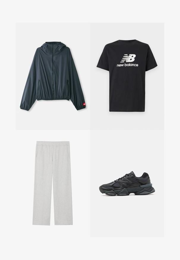Lettvektshettejakke i mørkegrått stoff. Har glidelås foran, elastisk nederkant og to lommer med glidelås på siden. Rødt logoakcent på ermet.; Svart bomulls T-skjorte med hvit New Balance-logo og grafisk design på forsiden. Korte ermer og rund hals.; Lys grå, vide joggebukser laget av myk stoff. Har elastisk midjebånd og sidelommer. Glatt tekstur med et rent design.; Svart løpesko med en blanding av mesh og syntetiske materialer, chunky såle, buet design og fremtredende merkevare på siden.