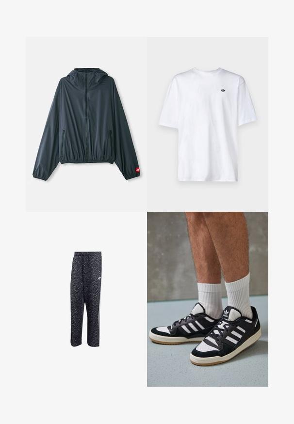 Lahka, kapuco imata jakno v temno sivi tkanini. Ima zadrgo spredaj, elastičen rob in dve zadrgi na bočnih žepih. Rdeč logotip na rokavu.; Bela bomba majica iz bombaža s okroglim izrezom in kratkimi rokavi, ki ima na prsih majhen črn Adidas logotip.; Črne športne hlače z vzorcem leoparda, ki imajo bele tri črte in logo športne blagovne znamke na strani.; Črno-bele superge z zgornjim delom iz usnja in nubuka, ki imajo tri bele črte, perforiran vrh prstov in podplat iz gume.