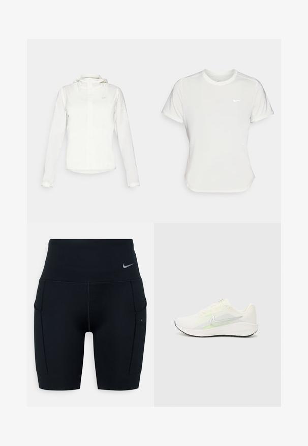 Biała kurtka Nike z kapturem, na zamek błyskawiczny, elastyczne mankiety i subtelne logo na piersi. Gładka tekstura i lekka konstrukcja.; Koszulka Nike w kolorze białym, z krótkimi rękawami, okrągłym dekoltem, wykonana z gładkiego, lekkiego materiału. Posiada subtelne logo na piersi.; Czarne, wysokie spodenki sportowe z elastycznego materiału; mają boczne kieszenie oraz małe logo Nike na pasku.; Nike Performance DOWNSHIFTER 13 biały