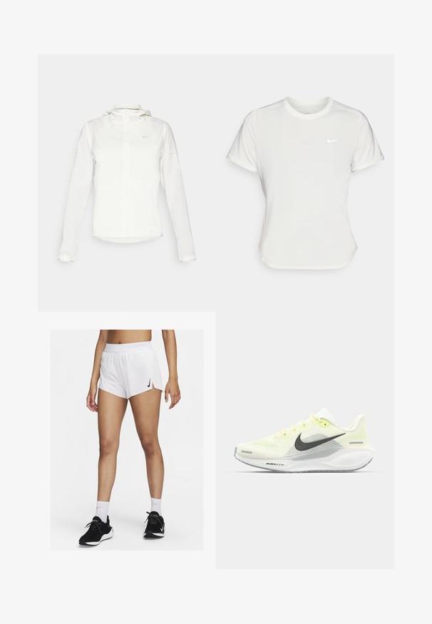 White Nike jacket with a hood, full zip, elastic cuffs, and a subtle logo on the chest. Smooth texture and lightweight design.; Nike T-shirt in white, short sleeves, round neckline, made from a smooth, lightweight fabric. Features a subtle logo on the chest.; White athletic shorts with a ribbed waistband, side slits, and a black Nike logo. Worn with black sneakers and white crew socks.; Nike running shoes with a light yellow and white mesh upper, grey accents, and a flexible rubber sole. Features a lace-up closure.