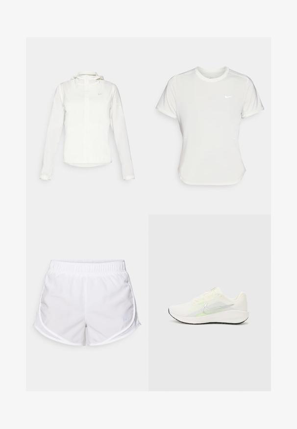 Veste blanche Nike avec capuche, fermeture éclair intégrale, poignets élastiques et un logo discret sur la poitrine. Texture lisse et design léger.; T-shirt Nike en blanc, à manches courtes, col rond, fabriqué dans un tissu lisse et léger. Présente un logo discret sur la poitrine.; Shorts de sport blancs fabriqués en tissu léger et respirant. Équipés d'une taille élastique et de panneaux latéraux en maille, avec un petit accent de logo bleu.; Nike Performance DOWNSHIFTER 13 - Chaussures de running sur route - sail/silver-coloured photon dust/summit white/barely volt/black