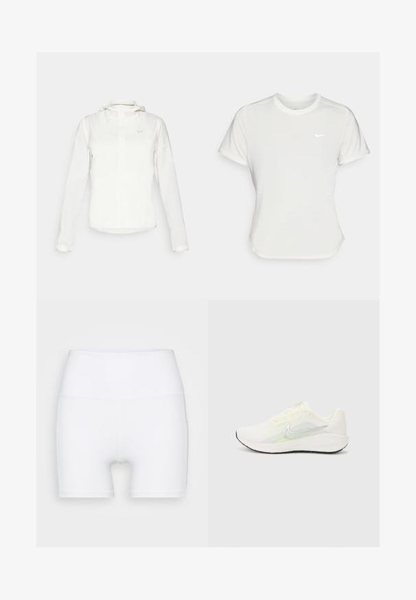 Veste blanche Nike avec capuche, fermeture éclair intégrale, poignets élastiques et un logo discret sur la poitrine. Texture lisse et design léger.; T-shirt Nike en blanc, à manches courtes, col rond, fabriqué dans un tissu lisse et léger. Présente un logo discret sur la poitrine.; Shorts blancs taille haute en tissu extensible. Fabriqués avec une texture lisse et un design ajusté, sans motifs ni accessoires supplémentaires.; Nike Performance DOWNSHIFTER 13 - Chaussures de running sur route - sail/silver-coloured photon dust/summit white/barely volt/black