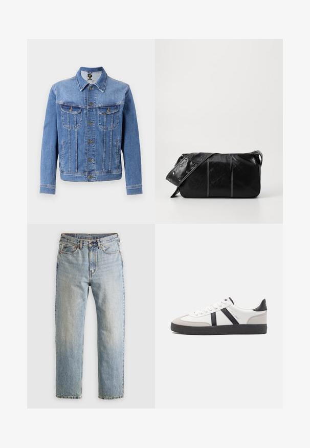 Ljusblå denimjacka med knappstängning, två bröstfickor och två sidfickor. Har en klassisk krage och rak skärning.; Grå sweatshirt med rund hals, ribbade ärmar och nederkant, med en röd och marinblå rektangulär logotypapplikation på bröstet. Mjuk tygkvalitet.; Ljusblå denimjeans med hög midja, framknäppning, dragkedja och femficksdesign, placerade platt på en neutral bakgrund.; Vit sneaker med svarta och grå accenter, med en strukturerad grå tådel, svart gummisul, och platta vita skosnören. Ren design, minimalistisk stil.; Svart läder axelväska med dragkedjestängning, som har en texturerad yta, vit sömnad och ett bälte med silveröglor.