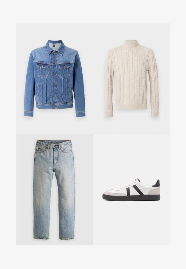 Svetlo modra kavbojka z gumbi spredaj, dvema žepoma na prsih in dvema stranskima žepoma. Ima klasičen ovratnik in ravno krojeno zasnovo.; Bež, pleteni pulover z visokim, rebrastim ovratnikom. Ima teksturiran kabelski vzorec ter rebraste manšete in spodnji rob, kar daje prijeten videz.; Svetlo modri džins hlače z visokim pasom, sprednjim gumbom, zadrgo in petimi žepi, laid flat na nevtralni podlagi.; Bela športna obutev z črnimi in sivo akcenti, z teksturirano sivo kapico za prste, črnim gumijastim podplatom in ravnimi belimi vezalkami. Čista zasnova, minimalistični slog.