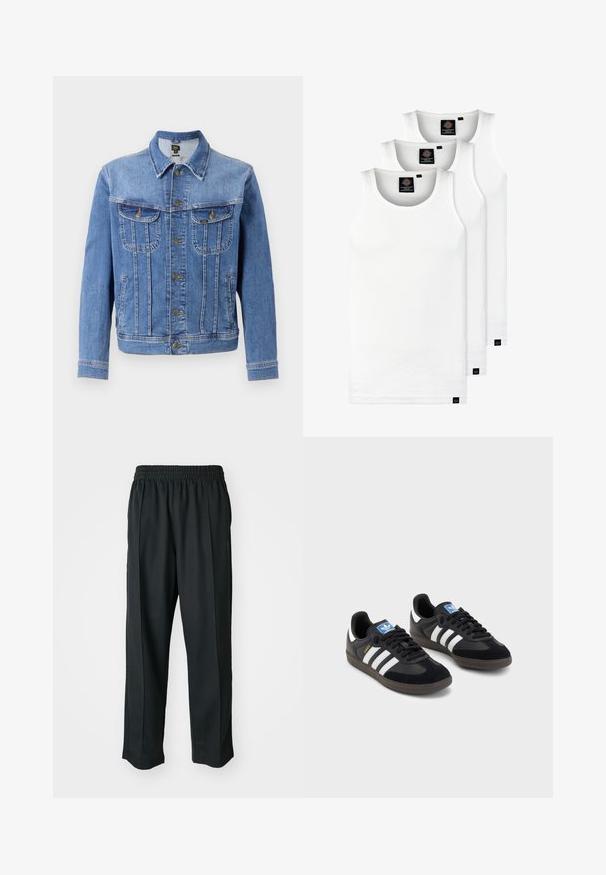 Vaaleansininen farkkutakki napilla edessä, kahdella rintataskulla ja kahdella sivutaskulla. Ominaisuuksiin kuuluu klassinen kaulus ja suora leikkaus.; Kolme valkoista ribbitekstiilistä toppia, jotka on valmistettu puuvillasta. Ominaisuuksiin kuuluu pyöreä pääntie ja pieni musta etiketti helman lähellä. Saatavilla useissa kooissa.; Mustat urheiluhaalarit, joissa on joustava vyötärö, valmistettu sileästä kankaasta, hienovaraisilla sivusaumalla ja rento istuvuus, suora lahjetyyppi.; Mustat lenkkarit, joissa on mokkanahka- ja synteettinen päällinen, kolmella valkoisella raidalla, tekstuurilla varustettu kumipohja ja sininen logo-etiketti kielellä.