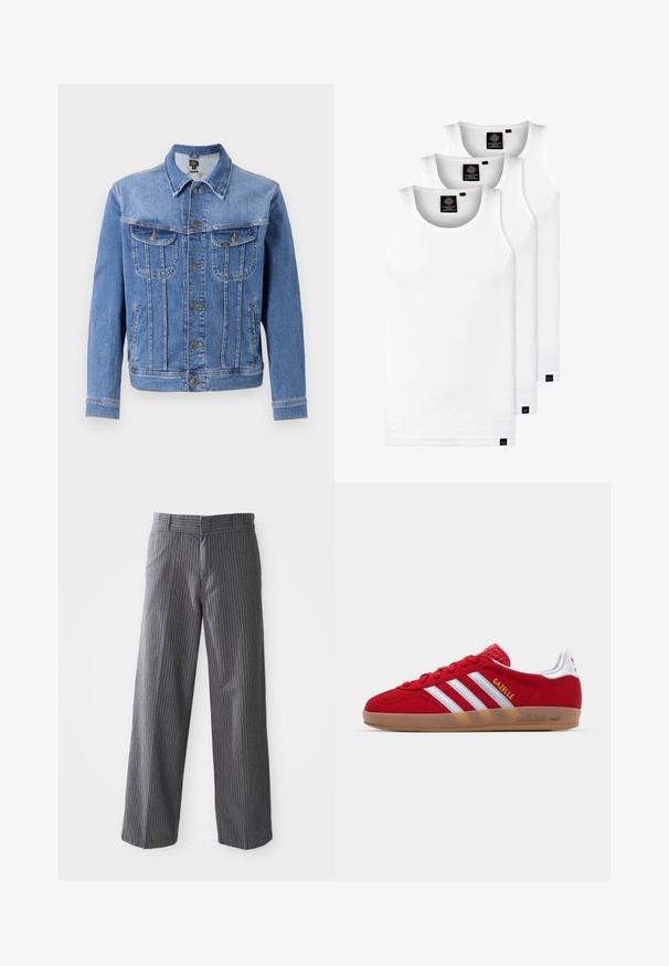 Svetlo modra kavbojka z gumbi spredaj, dvema žepoma na prsih in dvema stranskima žepoma. Ima klasičen ovratnik in ravno krojeno zasnovo.; Tri bele rebraste majice brez rokavov iz bombaža. Imajo okroglo izreza in majhne črne etikete blizu roba. Na voljo v več velikostih.; Sive prugaste široke hlače z pasom, ravnim sprednjim delom in pravimi robovi, prikazane na belem ozadju.; Rdeči semišniki z belo tridoločeno zasnovo in zlatim besedilom "Gazelle". Imajo gumo podplat in texturiran petni del.