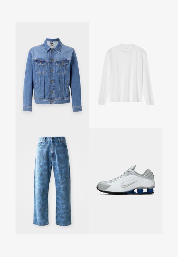 Světle modrá džínová bunda s předním zapínáním na knoflíky, dvěma náprsními kapsami a dvěma bočními kapsami. Disponuje klasickým límcem a rovnými liniemi.; Bílé bavlněné tričko s dlouhým rukávem a kulatým výstřihem, s žebrovanými manžetami a rovný lem, hladkou texturou a minimalistickým designem.; Světle modré džíny se jemným tonálním květinovým vzorem, širokým střihem nohavic, pěticí kapsami a knoflíkovým zapínáním v pase.; Bílé a šedé běžecké boty Nike se stříbrným logem swoosh, modrými pružinovými podrážkami a černým vzorkem na jednobarevném pozadí.