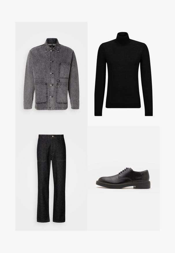 Harmaa farkkutakki, jossa on kaulukset, edessä nappisuljenta ja useita taskuja. Näkyvä ompelu ja brändilogo korostavat muotoilua.; Mustahuivi neule, joka on valmistettu pehmeästä materiaalista, jossa on pitkät hihat ja tiukka istuvuus. Ribbaus reunassa ja hihansuissa. Yksinkertainen muotoilu.; Mustat farkut suoran lahkeen mallilla, näkyvällä ompeleella ja edessä napituksella. Mukana on kaksi sivutaskua ja kaksi takataskua.; Mustat nahkasaappaat, joissa on pyöreä kärki, sileä pinta, minimaalinen ommel ja matala kumipohja. Logo kannassa.