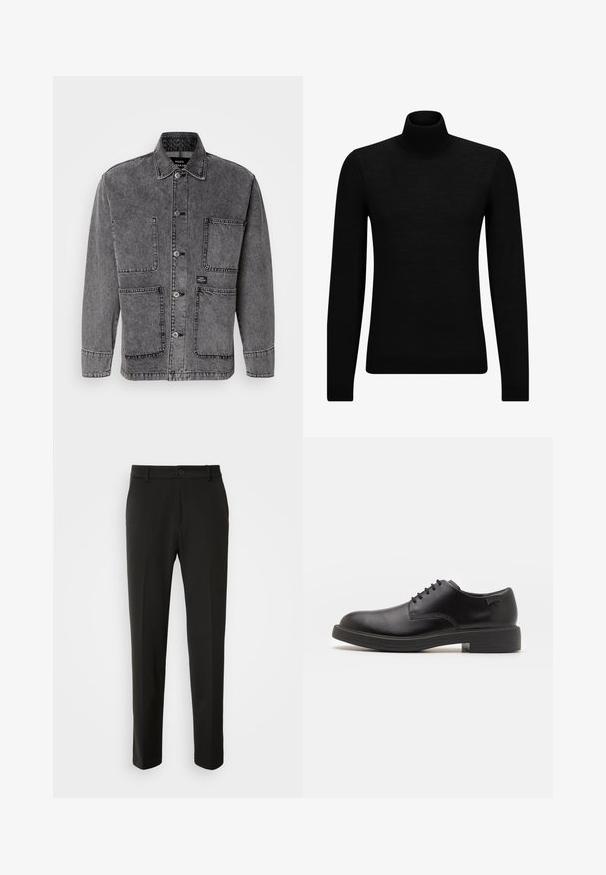 Hallhalli teksast kaelusega hall denimpliiss, ees nupuklipp, ja mitmed taskud. Silmatorkav õmblemine ja kaubamärgiga silt täiustavad disaini.; Musthave muströid ja pehmest materjalist must turtleneck, millel on pikad varrukad ja tihe istuvus. Ribaga ääris allservas ja vöökohal. Lihtne disain.; Mustad püksid siledast kangast, sirgete jalgadega, nupuvõtme sulgemisega ja klassikaline disain, sobiv nii ametlikeks kui ka igapäevasteks kandmiseks.; Must beemel levalis kingad ümarate varvastega, sileda pinnaga, minimaalsete õmblustega ja madala kummist kontsaga. Logo kontsa peal.