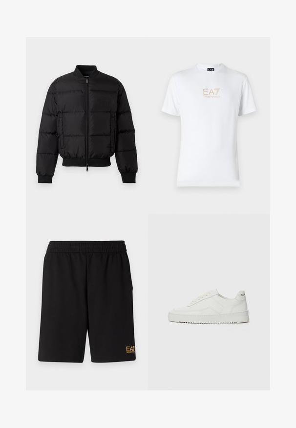 Zwarte pufferjack met een ritssluiting aan de voorkant, ribgebreide manchetten en zoom. Beschikt over een gewatteerd ontwerp en tonaal merk op de linkerkant van de borstzak.; Witte katoenen t-shirt met een ronde halslijn en korte mouwen, voorzien van een gouden EA7 Emporio Armani-logo op de voorkant.; Zwarte sportshorts van zacht materiaal, met een elastische tailleband en een klein geel EA7-logo op de onderste linkeronderbroek.; Witte leren sneaker met een gladde afwerking, ronde neus, platte veters en een gestructureerde zool. Kenmerkt zich door een subtiel logo op de hiel.