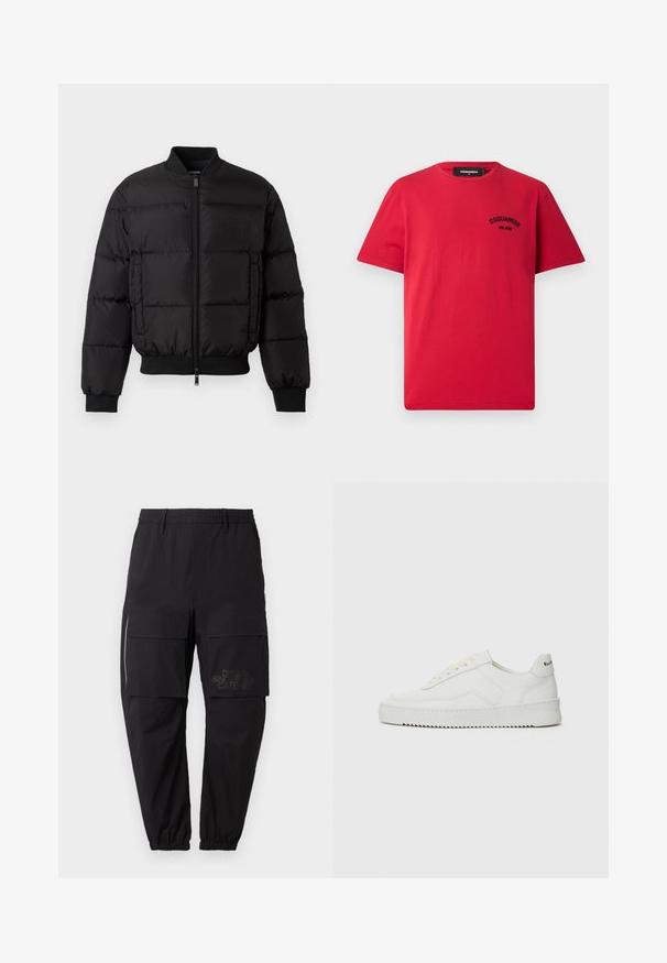 Schwarze Daunenjacke mit Reißverschluss, gerippten Bündchen und Saum. Verfügt über ein gesteppte Design und ein tonal passendes Branding auf der linken Brusttasche.; Rotes Baumwoll-T-Shirt mit kurzen Ärmeln, rundem Halsausschnitt und einem schwarzen gestickten Logo auf der linken Brust. Einfaches und solides Design.; Schwarze Cargo-Hosen mit einem elastischen Taillenbund, die über mehrere Seitentaschen, ein Reißverschlussdetail und ein dezentes, bedrucktes Logo am Oberschenkel verfügen.; Weiße Ledersneaker mit glatter Oberfläche, runder Zehenpartie, flachen Schnürsenkeln und strukturiertem Sohlenprofil. Mit einem dezenten Logo an der Ferse.