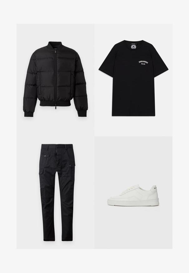 Black puffer jacket with a zip front, ribbed cuffs, and hem. Features a quilted design and tonal branding on the left chest pocket.; Black cotton T-shirt with short sleeves, featuring white "DSQUARED2 MILANO" logo on the chest. Crew neck design, smooth texture.; Black cargo pants made of durable fabric, featuring multiple pockets, a button fly, and a straight leg design. Smooth texture and matte finish.; White leather sneaker with a smooth finish, round toe, flat laces, and a textured sole. Features a subtle logo on the heel.