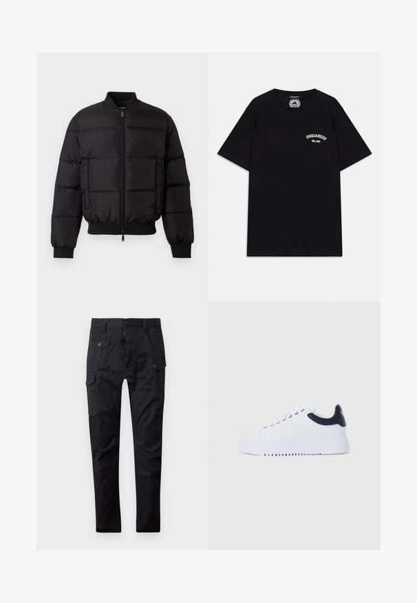 Black puffer jacket with a zip front, ribbed cuffs, and hem. Features a quilted design and tonal branding on the left chest pocket.; Black cotton T-shirt with short sleeves, featuring white "DSQUARED2 MILANO" logo on the chest. Crew neck design, smooth texture.; Black cargo pants made of durable fabric, featuring multiple pockets, a button fly, and a straight leg design. Smooth texture and matte finish.; White sneakers with navy accents, featuring a smooth texture, round toe, and raised outsole, detailed with a logo on the side.