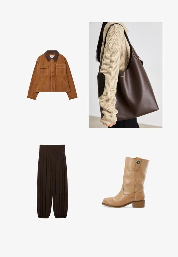Braune Baumwolljacke mit einem Cordkragen, zwei Fronttaschen und einem cropped Design. Kontrastnähte entlang der Nähte.; Braunes Hemd mit Knöpfen, klassischem Kragen, langen Ärmeln und geradem Schnitt. Weicher Stoff und minimalistisches Design ohne Muster.; Schwarzes Langarmshirt mit Rundhalsausschnitt und einem kleinen weißen Etikett mit der Aufschrift "WEEKDAY" im Kragen, auf einem hellen Hintergrund präsentiert.; Braune plissierte Hose mit einem breiten, elastischen Bund. Der Stoff ist leicht und strukturiert und hat an den Säumen Gatherings.; Braune Leder-Ankle-Boots mit runder Zehenpartie, niedrigem Stacked-Heel, seitlicher Naht und Druckknopfdetail am Schaft. Glatte Textur.; Braune Leder-Umhängetasche mit geräumigem Design. Verfügt über eine glatte Textur und ein dezentes Goldenes Logo. Kombiniert mit einem cremefarbenen Strickpullover.